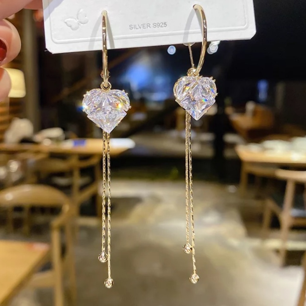 New! Long Crystal Heart Earrings